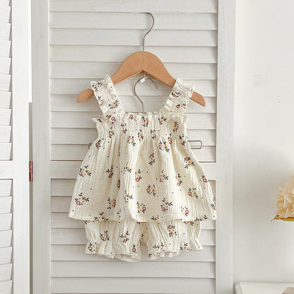 Summer Hot Selling Baby Girls Sleeveless Floral Pattern Strap Top Dress And Shorts Clothing Set-4