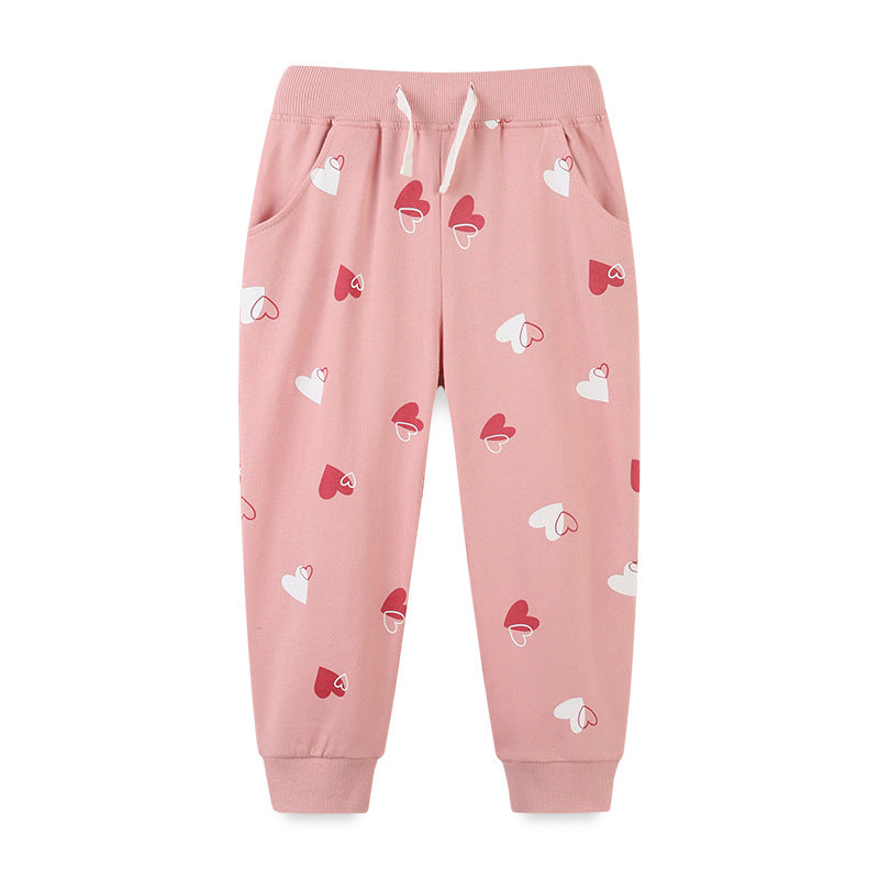 Baby Girl Heart Print Pattern Solid Color Cute Sport Trousers-0