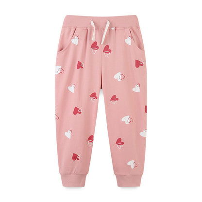 Baby Girl Heart Print Pattern Solid Color Cute Sport Trousers-0