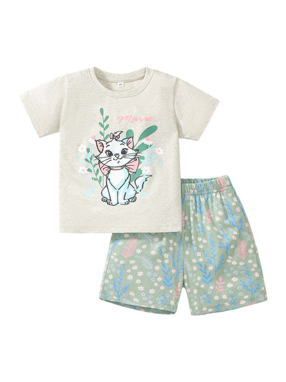 Summer Baby Kids Girls Cat Cartoon Top And Floral Shorts  Casual Clothing Set-4