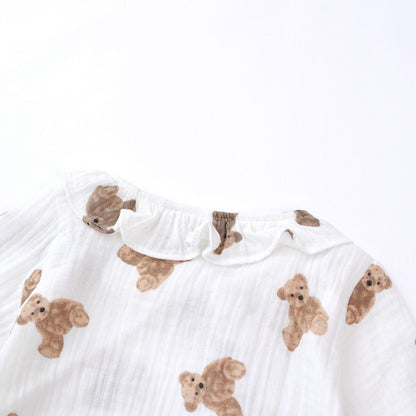 Baby Girls Bear Print Pattern Lace Design Round Collar Long-Sleeved Rompers With Hat-3