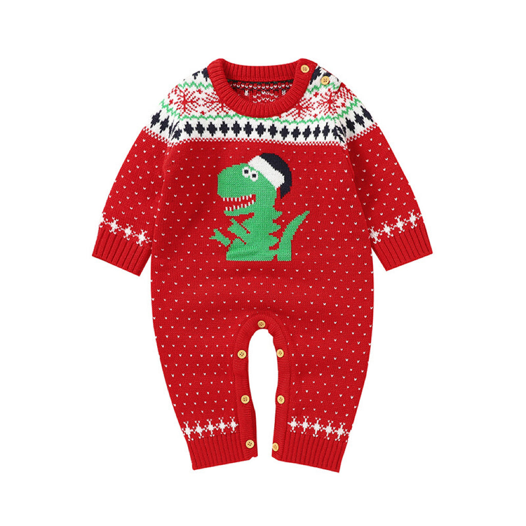 Baby Dinosaur And Dot Print Pattern Christmas Style Knit Warm Romper-4