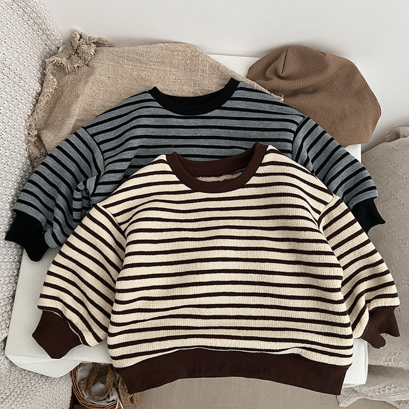 Baby Striped Pattern Long Sleeve Loose Crewneck Pullover Hoodies-0