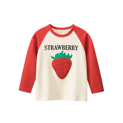 Baby Girl Strawberry Print Pattern Soft Cotton Crewneck Shirt-0