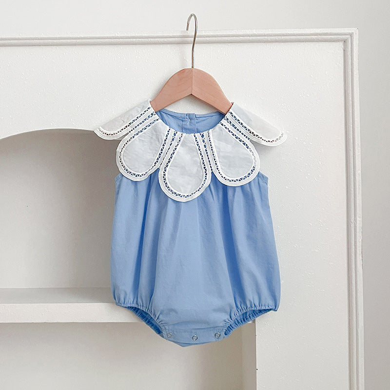 New Design Summer Girls Hollow Out Flower Collar Short Sleeveless Onesies And Short Sleeves Dress – Sister Matching Clothing Set-3