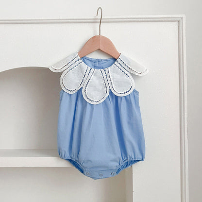 New Design Summer Girls Hollow Out Flower Collar Short Sleeveless Onesies And Short Sleeves Dress – Sister Matching Clothing Set-3