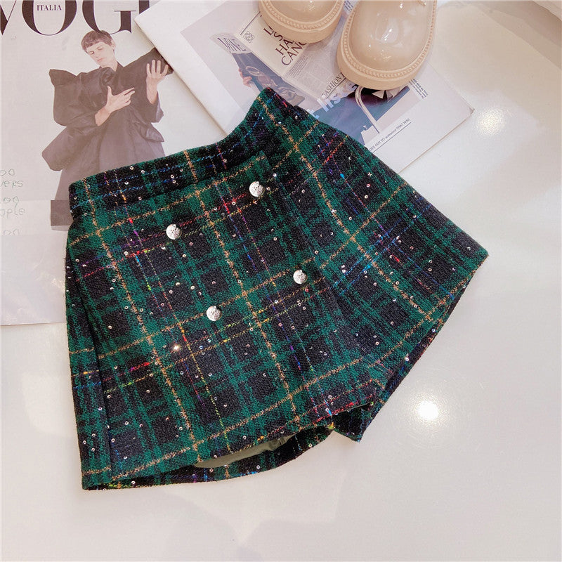 Girls Dark Green Plaid With Dots Open Front Cardigan&amp;Skirt Preppy Suits-4