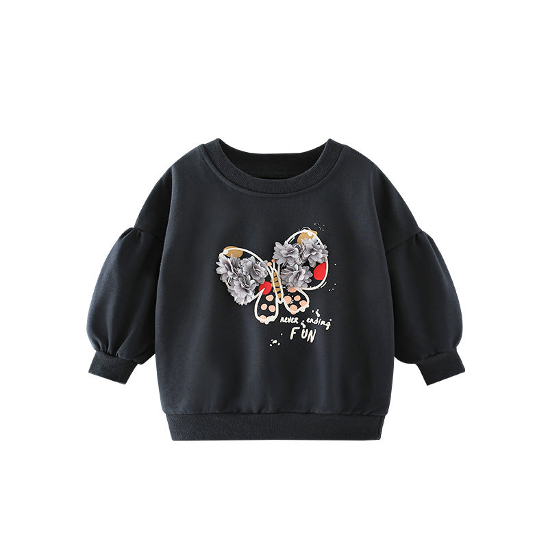 Baby Girl 3D Flower Patched Butterfly Graphic Puff Sleeve Hoodie-0