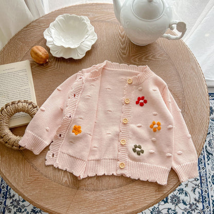 Baby Girl Flower Embroidered Graphic Single Breasted Design Knit Cardigan-4