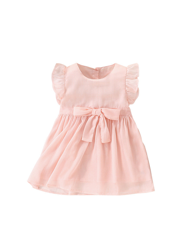 Summer New Arrival Girls’ Simple Plain Pink Short Sleeves Bow Tied Dress-0