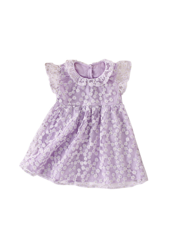Summer New Arrival Girls’ Daisy Flowers Pattern Embroidery Round Collar Fly Sleeves Dress-0