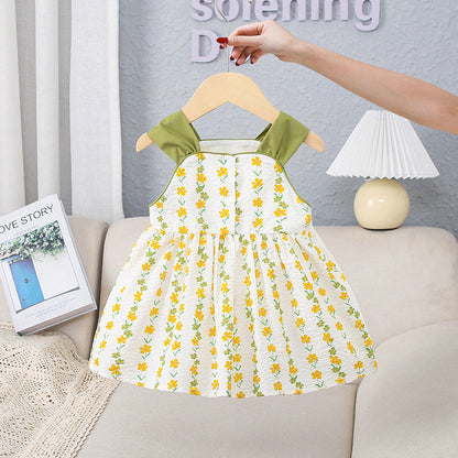 Summer Girls Yellow Floral Pattern Sleeveless Strap Onesies And Girls’ Dress – Princess Sister Matching Set-6