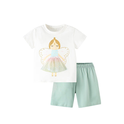 Summer Baby Kids Girls Angel Print T-Shirt And Shorts Clothing Set-0