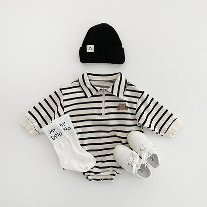 Baby Striped &amp; Cartoon Patched Graphic Polo Neck Long Sleeves Bodysuit Onesies-4