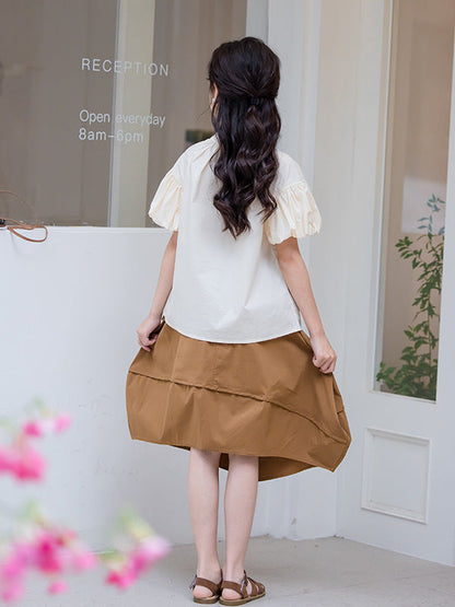 Summer Hot Selling Girls Solid Color Single Breasted Short Sleeves Shirt And Irregular Skirt Clothing Set-2