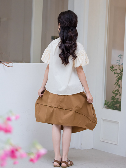 Summer Hot Selling Girls Solid Color Single Breasted Short Sleeves Shirt And Irregular Skirt Clothing Set-4