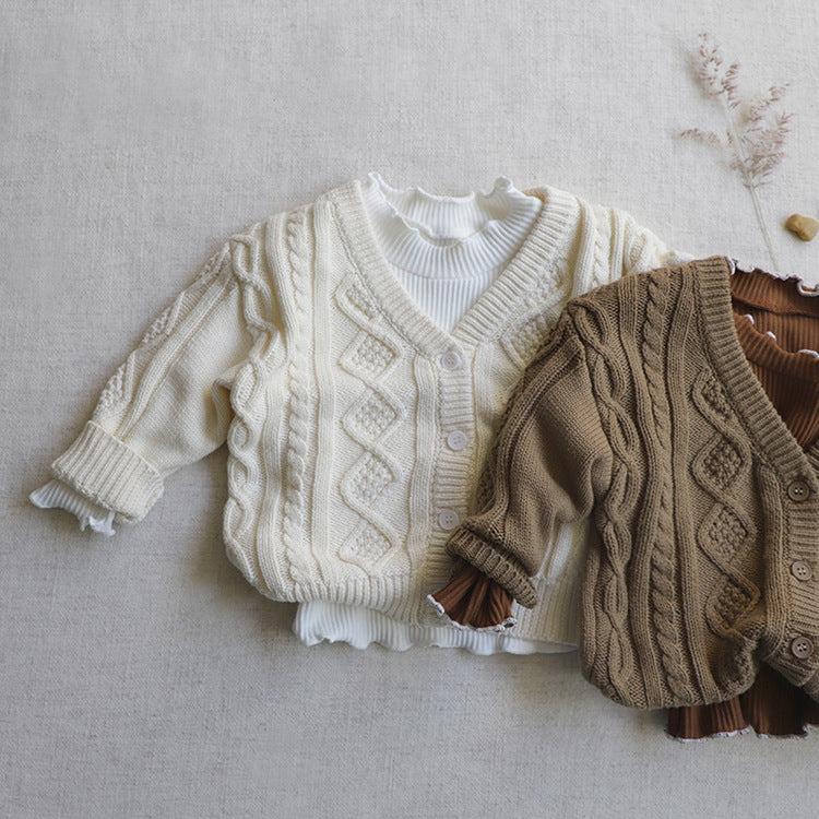 Baby Crochet Kint Pattern Solid Color V-Neck Single Breasted Cardigan-3