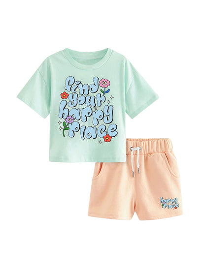 Baby And Kids Girls Floral Words Print Top And Shorts 2-Piece Casual Clothing Set-0