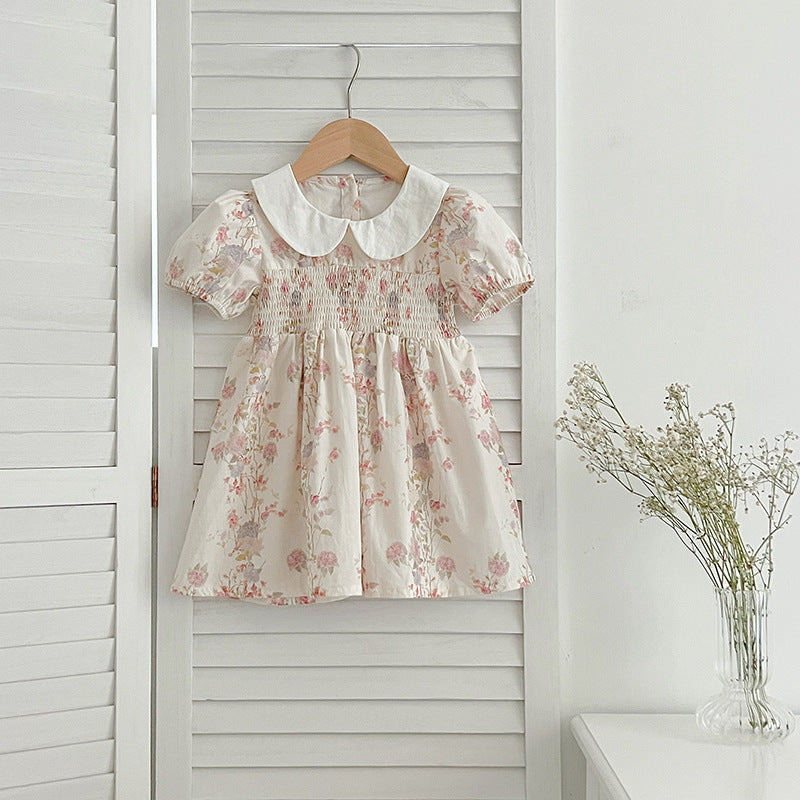 New Arrival Summer Girls Peter Pan Collar Short Sleeves Floral Print Onesies And Dress – Princess Sister Matching Set-2