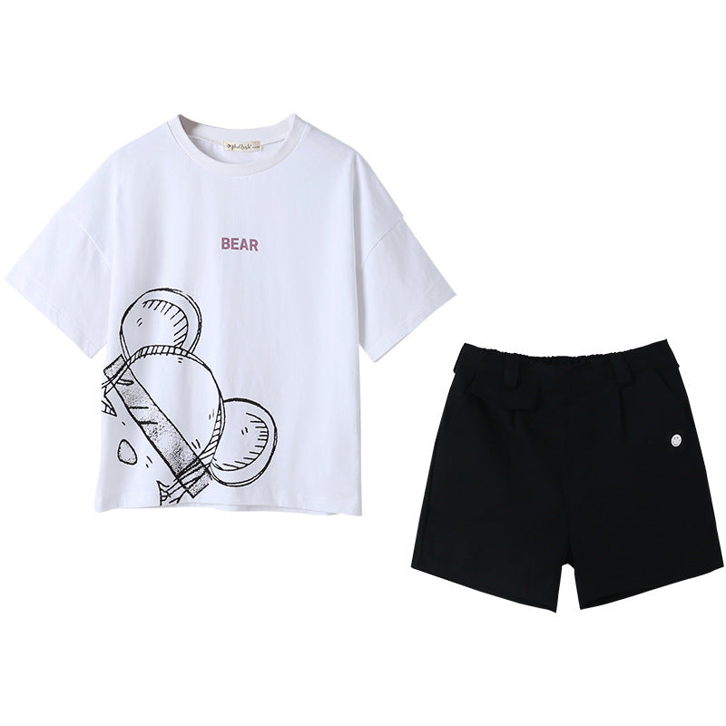 Summer Cheap Girls Abstract Teddy Print Short Sleeves T-Shirt And Smiling Face Logo Shorts Clothing Set-1