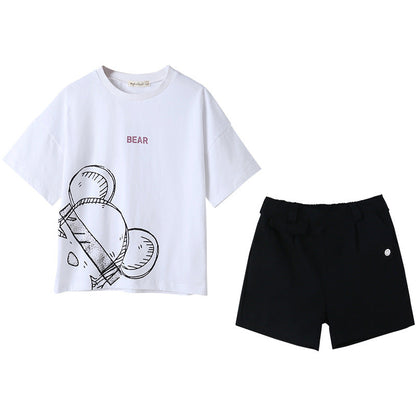 Summer Cheap Girls Abstract Teddy Print Short Sleeves T-Shirt And Smiling Face Logo Shorts Clothing Set-1