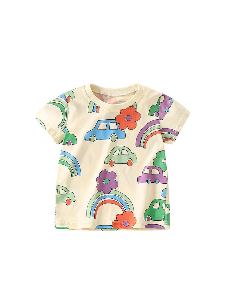 Boys’ Cartoon Rainbow Cars Pattern Short Sleeves T-Shirt In European And American Style For Summer-0