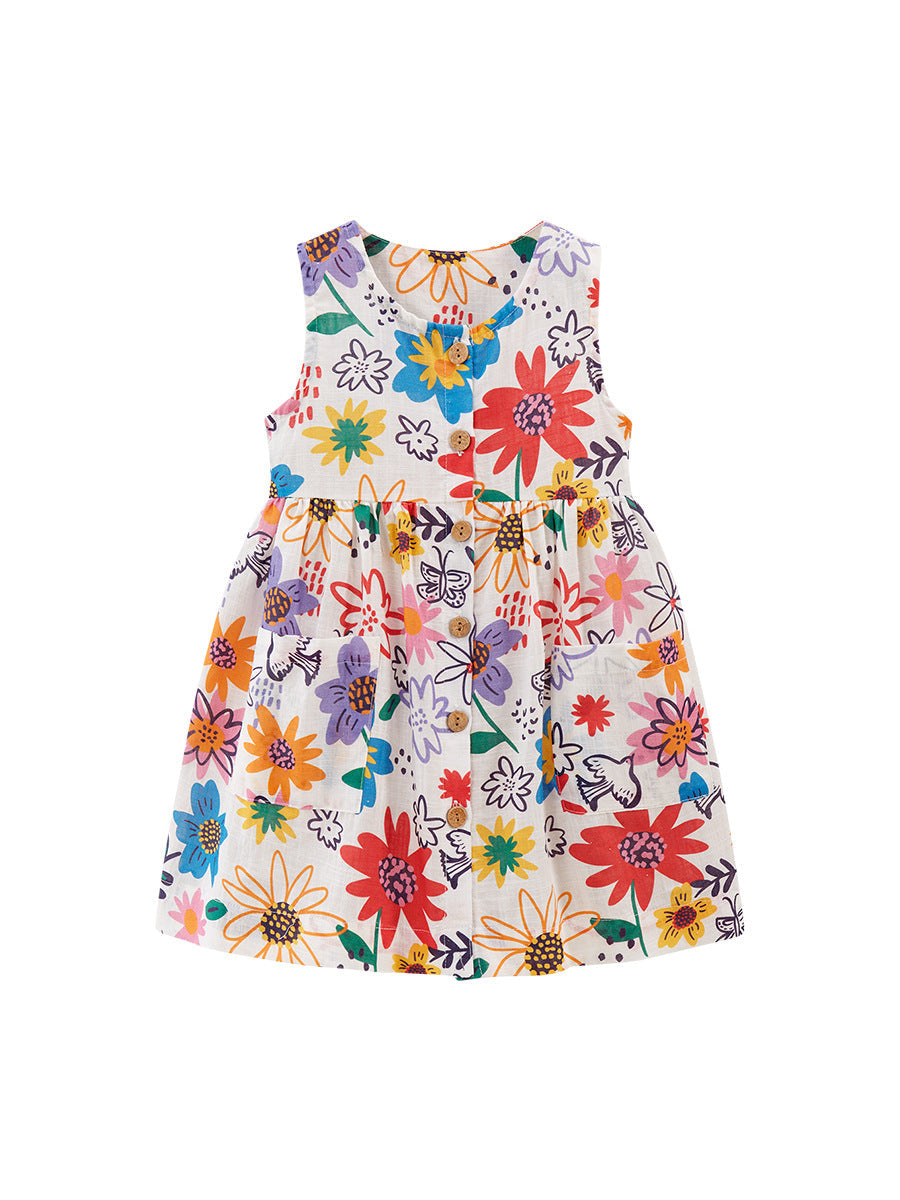 Summer Girls Sleeveless Colorful Floral Pattern Dress-4