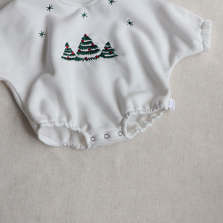 Baby Christmas Tree Embroidered Pattern Long Sleeve Fleece Winter Onesies-4