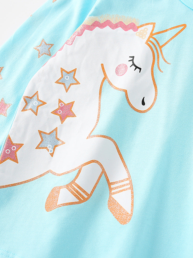 Girls Cartoon Unicorn Printing Design Top And Pattern Pants Set-4