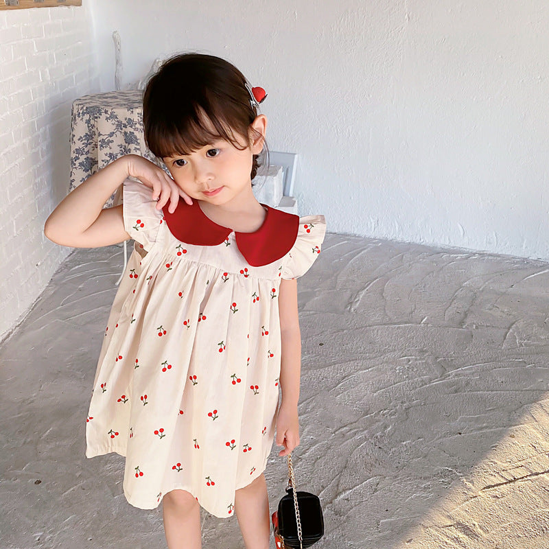 Summer New Arrival Baby Girls Cherry Print Fly Sleeves Peter Pan Collar Dress-4