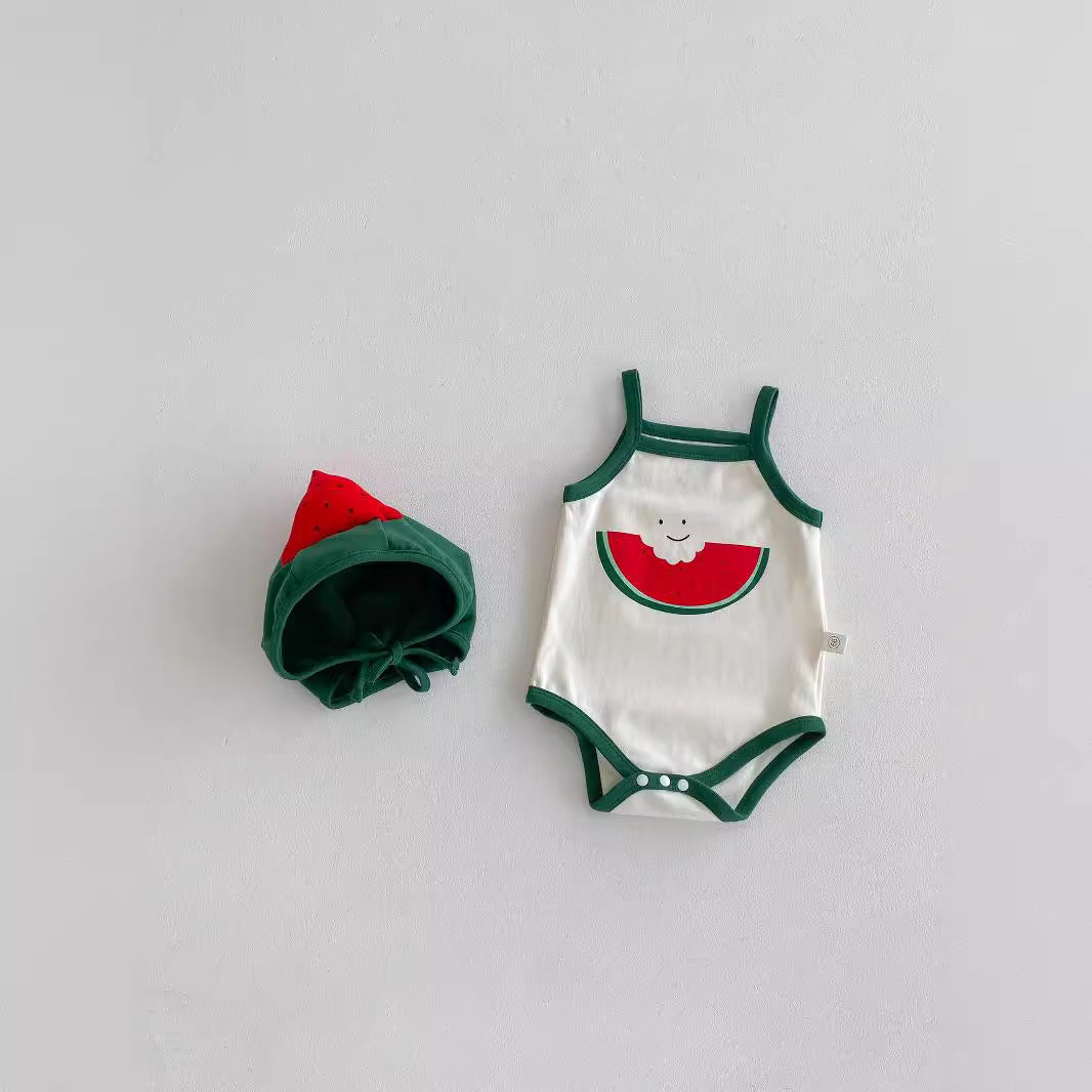 New Design Summer Baby Kids Boys And Girls Cartoon Watermelon Pattern Sleeveless Strap Onesies-4