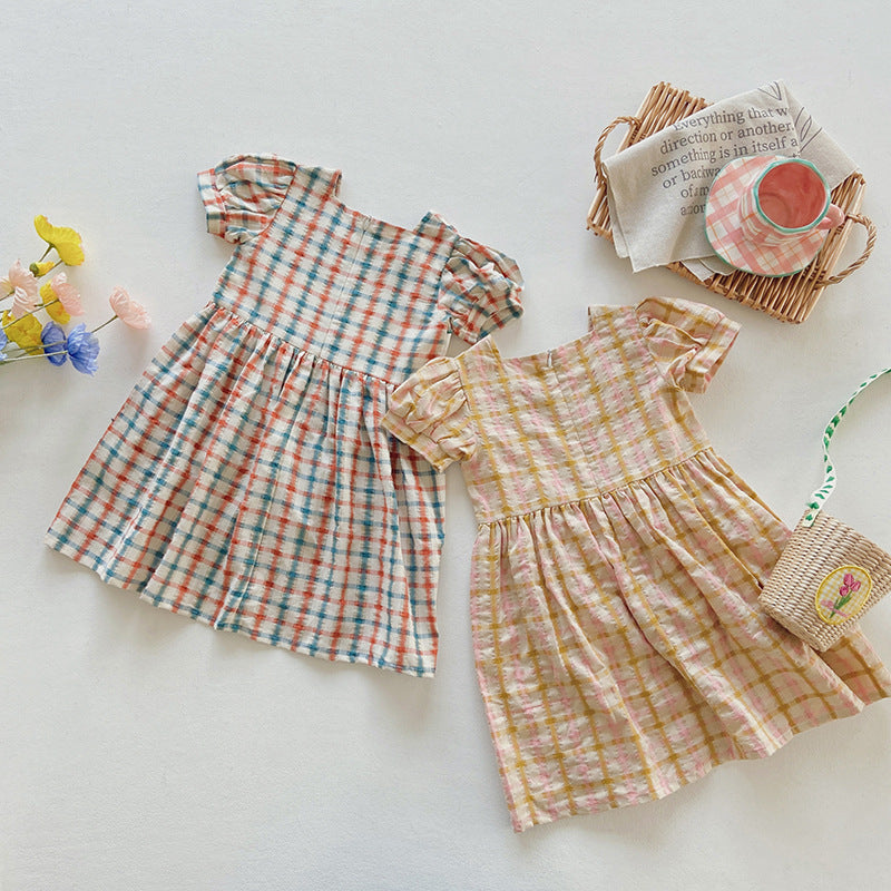 Summer Girls Short Sleeves Colorful Plaid Heart Embroidery Dress-4