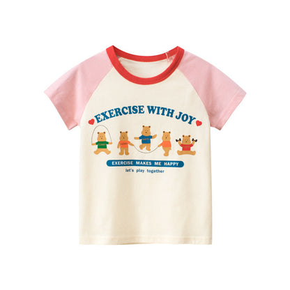 Baby Cartoon Bear Graphic Colorblock Design T-Shirt In Summer-0