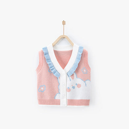 New Arrival Baby Kids Girls Cartoon Rabbit Pattern V-Neck Design Knitwear Pink Soft Vest-1