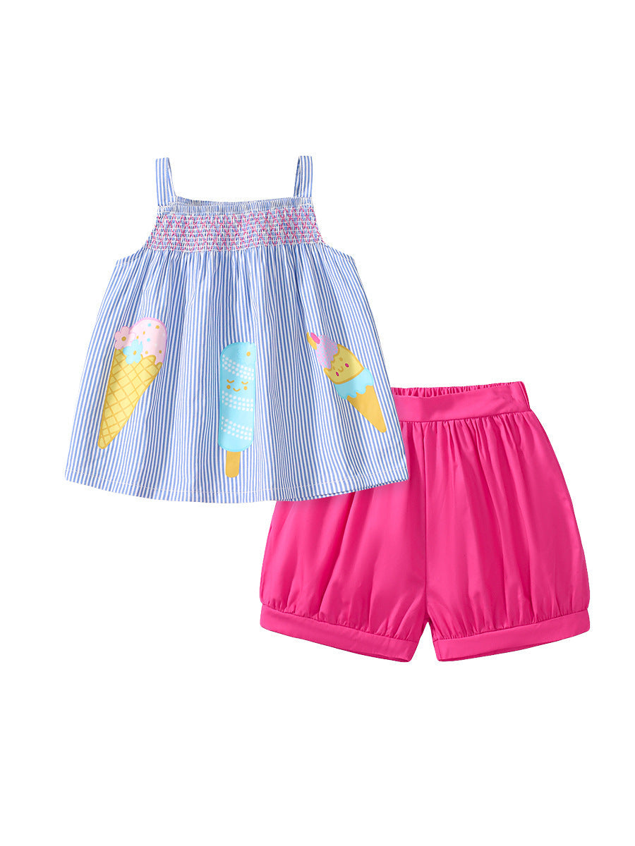 Summer Baby Kids Girls Top Striped Vest And Solid Color Shorts 2-Piece Clothing Set-1