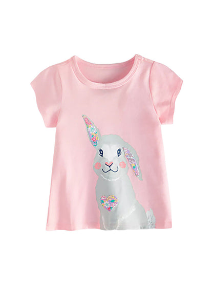 Crew Neck Rabbit Cartoon Pattern Girls’ T-Shirt In European And American Style For Summer-1