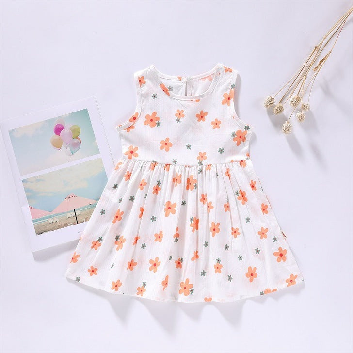 Baby Girls Floral Print Sleeveless Round Collar Dress In Summer-4