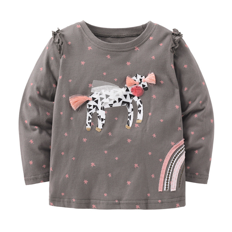 Baby Girl Cartoon Unicorn Patches Pattern Cotton Shirt-0