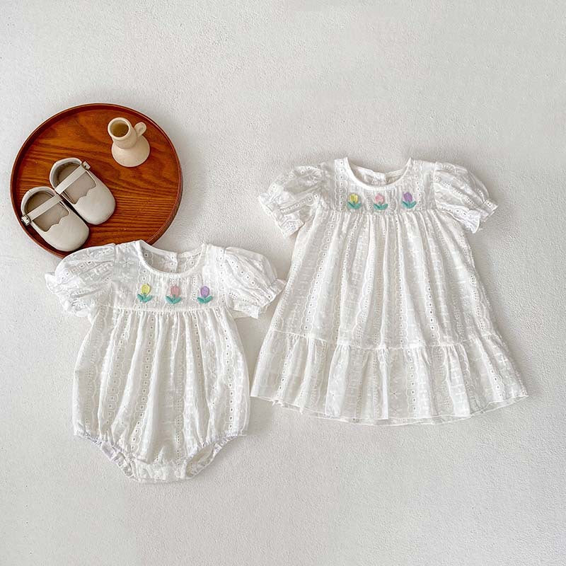 Summer Baby Girls Flowers Embroidery Pattern Hollow Out Short Sleeves Onesies-5