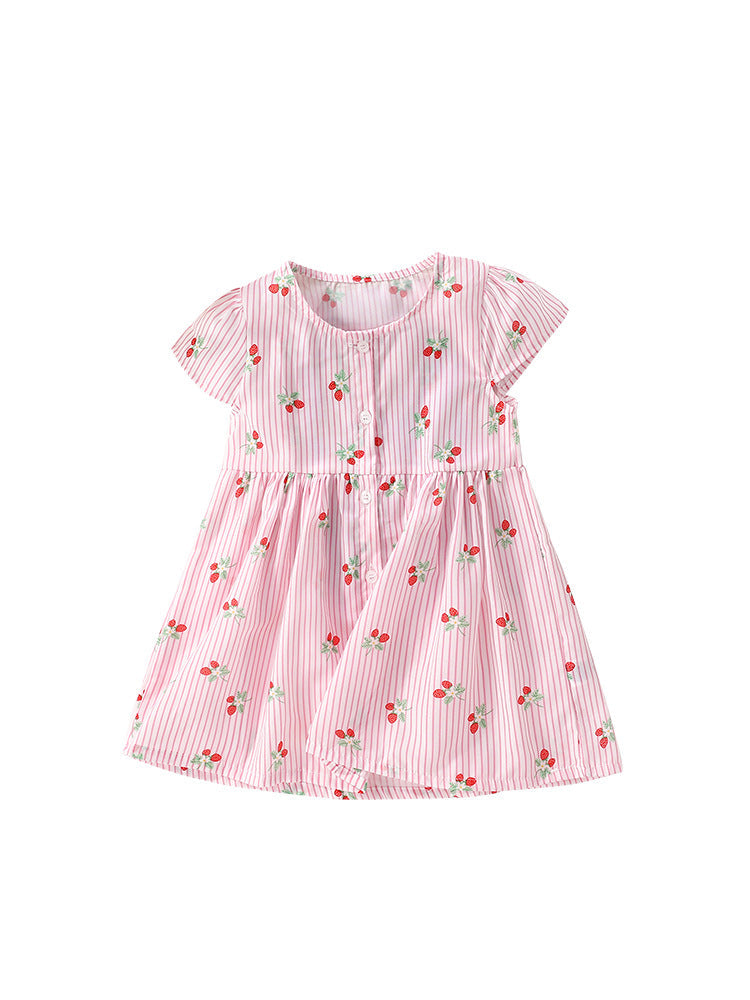 Summer New Arrival Girls’ Strawberry Pattern Striped Single Breasted Short Sleeves Round Neck Dress-0