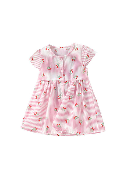 Summer New Arrival Girls’ Strawberry Pattern Striped Single Breasted Short Sleeves Round Neck Dress-0
