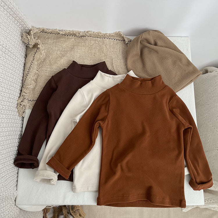 Baby Solid Color High Neck Long Sleeve Pullover Shirt Tops-3