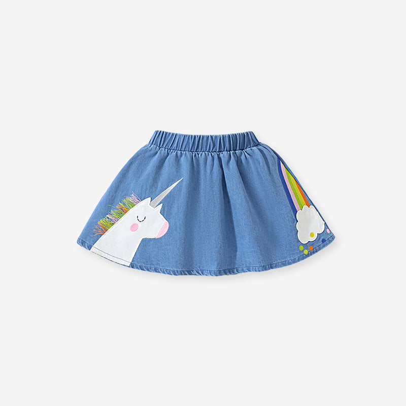 Girls Denim Skirts With Unicorn Rainbow Cartoon Embroidery-0