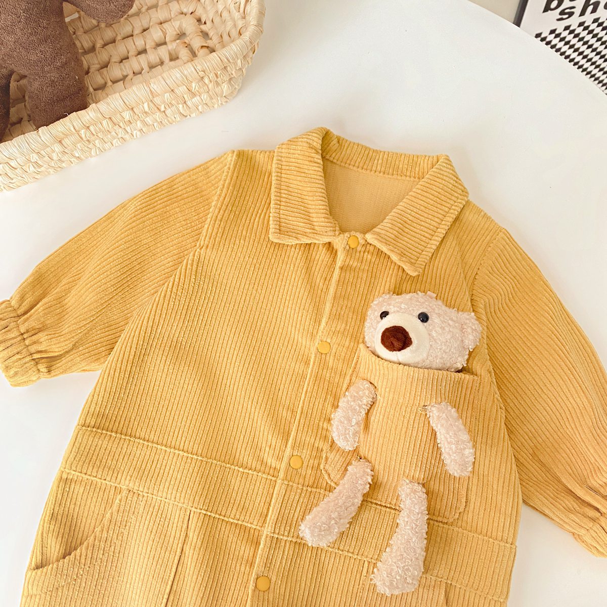 Baby 3D Cartoon Bear Patched Design Corduroy Fabric Button Front Romper-5