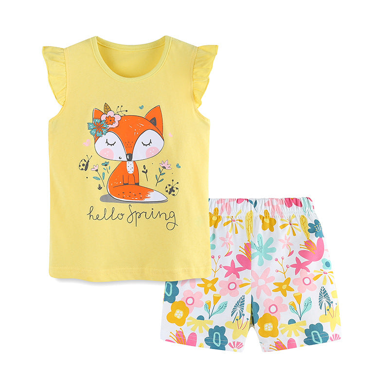 Summer Baby Kids Girls Floral Fox Cartoon Print T-Shirt And Shorts Clothing Set-0