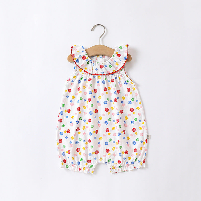 Baby Floral Pattern Ruffle Neck Sleeveless Rompers-4