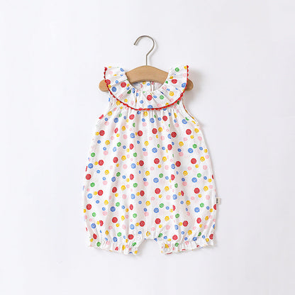 Baby Floral Pattern Ruffle Neck Sleeveless Rompers-4