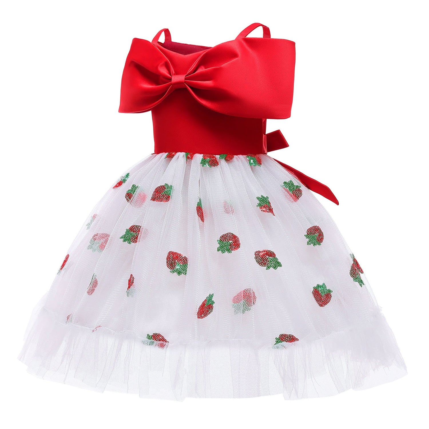 Baby Girl Strawberry Sequins Pattern Bow Tie Design Sling Tutu Formal Dress-4