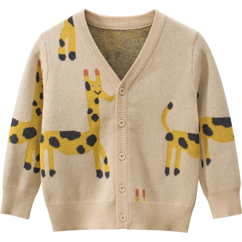 Baby Cartoon Deer Pattern Single Breasted Design V-Neck Cardigan-0