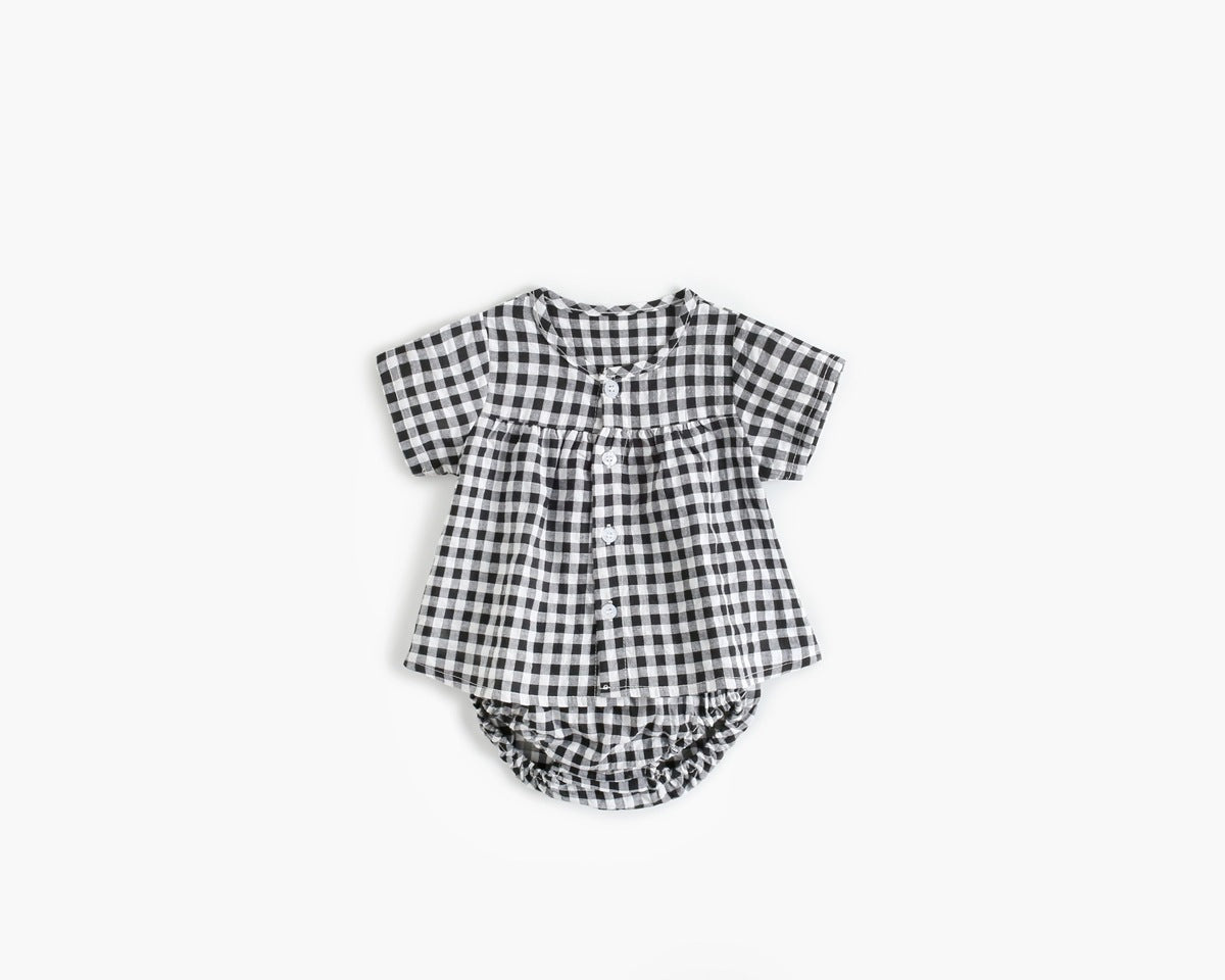 Baby Girl Plaid Pattern Single Breasted Design Shirt Combo Shorts Sets-4